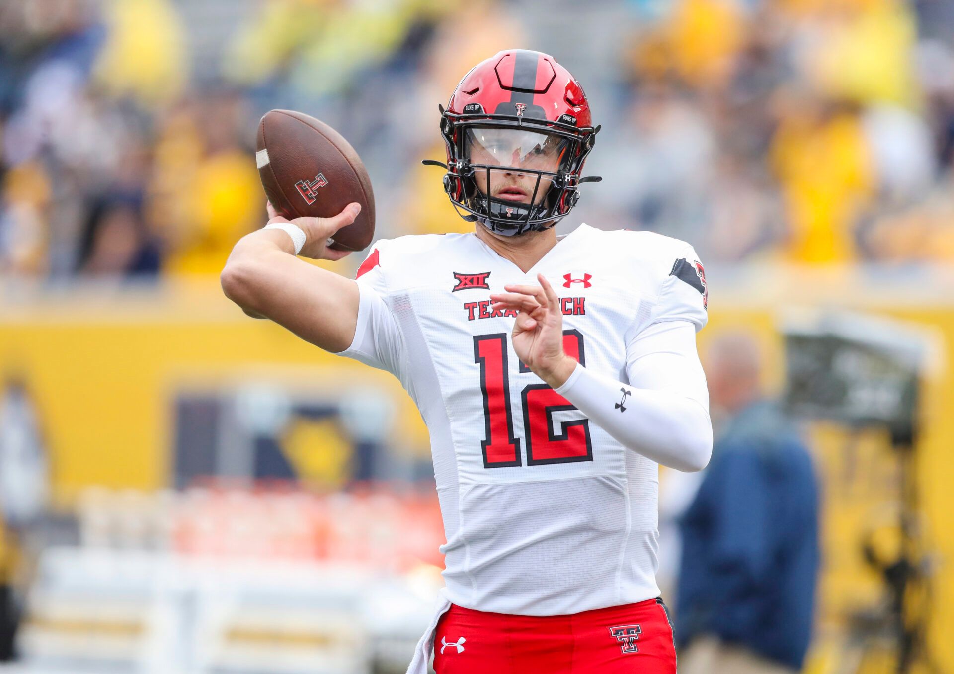 Sep 23, 2023; Morgantown, West Virginia, USA; Texas Tech Red Raiders quarterback Tyler Shough (12) throws a pass during warmups prior to their game against the West Virginia Mountaineers at Mountaineer Field at Milan Puskar Stadium. Mandatory Credit: Ben Queen-USA TODAY Sports