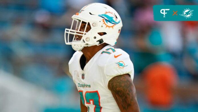 Jaylen Waddle (17) celebrates a catch against the Buffalo Bills during the second half at Hard Rock Stadium.