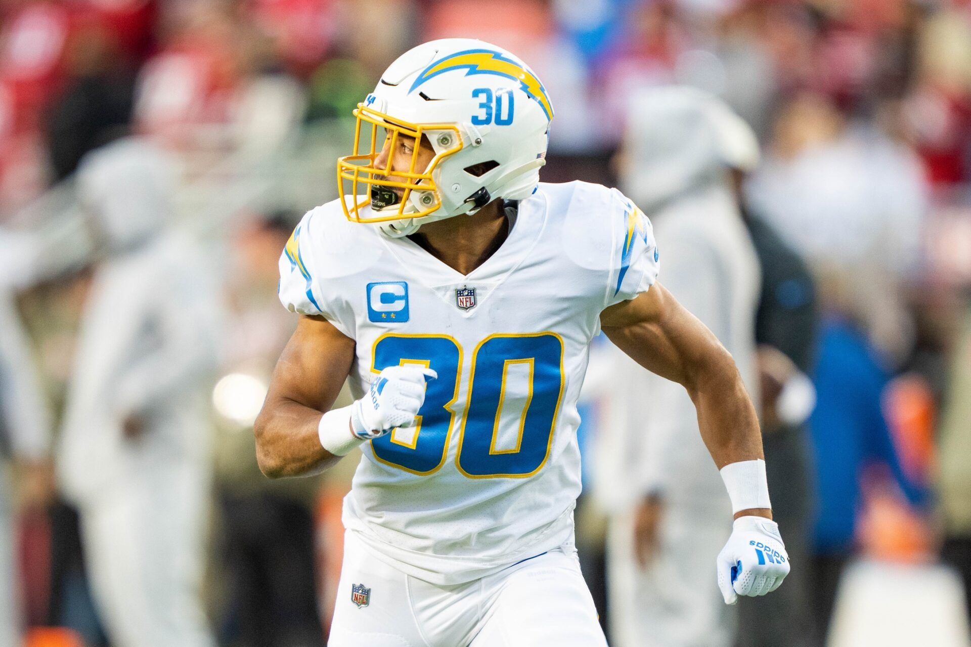 Austin Ekeler (30) before the game against the San Francisco 49ers at Levi's Stadium.