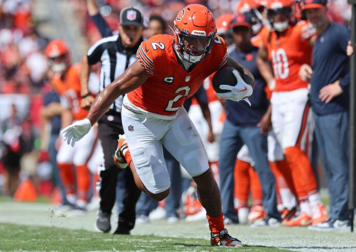 Chicago Bears wide receiver DJ Moore (2) runs along the sideline during the second half against the Tampa Bay Buccaneers at Raymond James Stadium.