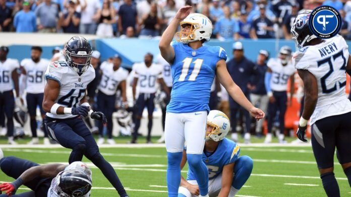 Los Angeles Chargers place kicker Cameron Dicker (11) kicks a field goal to force overtime during the second half against the Tennessee Titans at Nissan Stadium.