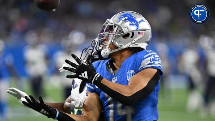 Detroit Lions wide receiver Amon-Ra St. Brown (14) catches a pass against the Seattle Seahawks in the second quarter at Ford Field.