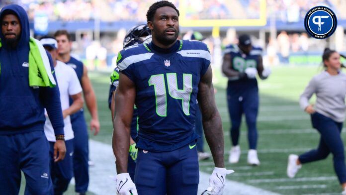 Seattle Seahawks wide receiver DK Metcalf (14) walks off the field during halftime against the Los Angeles Rams at Lumen Field.