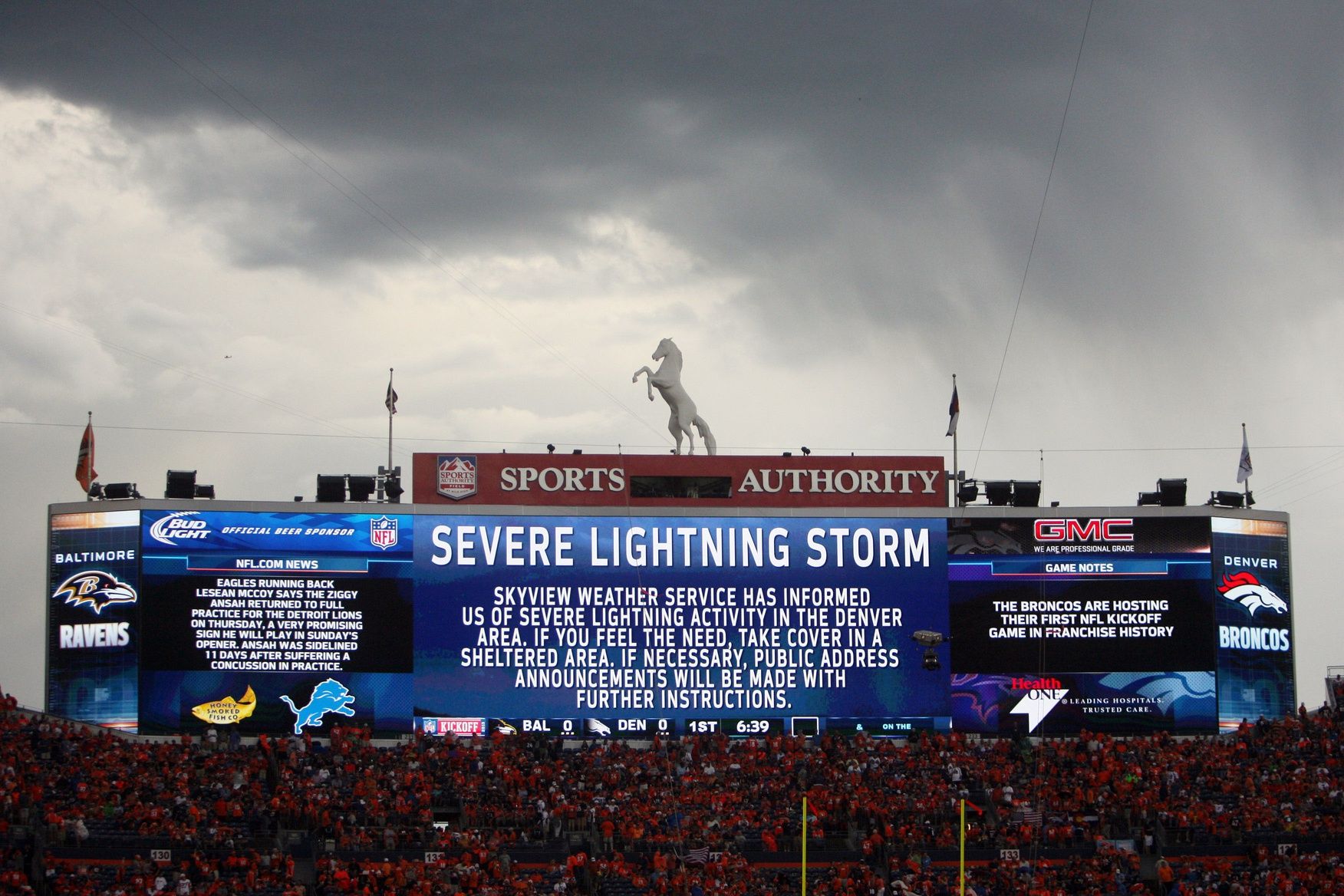 A view of the scoreboard between the Baltimore Ravens and Denver Broncos during a lightning delay.