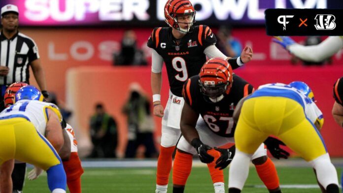 Cincinnati Bengals QB Joe Burrow (9) gets set before a play against the Los Angeles Rams in Super Bowl 56.