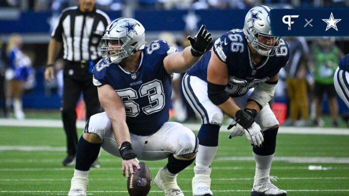 Dallas Cowboys center Tyler Biadasz (63) and guard Connor McGovern (66) in action during the game between the Dallas Cowboys and the Chicago Bears at AT&T Stadium.