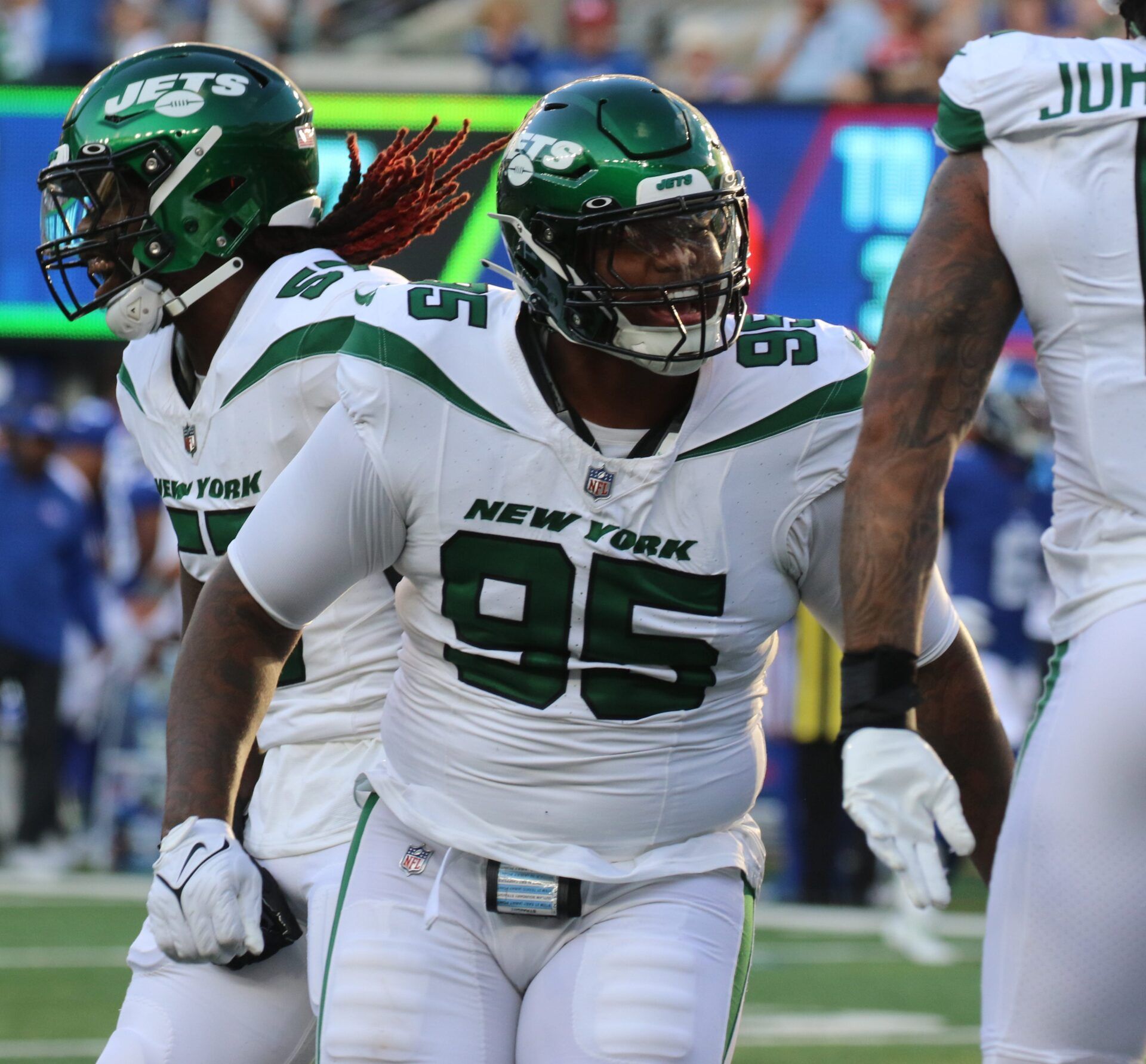 East Rutherford, NJ August 26, 2023 -- Quinnen Williams of the Jets reacts to a sack in the first half. The NY Jets against the NY Giants on August 26, 2023 at MetLife Stadium in East Rutherford, NJ, as the rivals play their final preseason game before the start of the NFL season.
