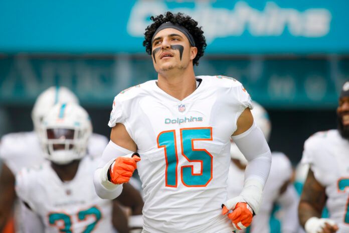 Nov 27, 2022; Miami Gardens, Florida, USA; Miami Dolphins linebacker Jaelan Phillips (15) takes the field prior to a game against the Houston Texans at Hard Rock Stadium. Mandatory Credit: Sam Navarro-USA TODAY Sports