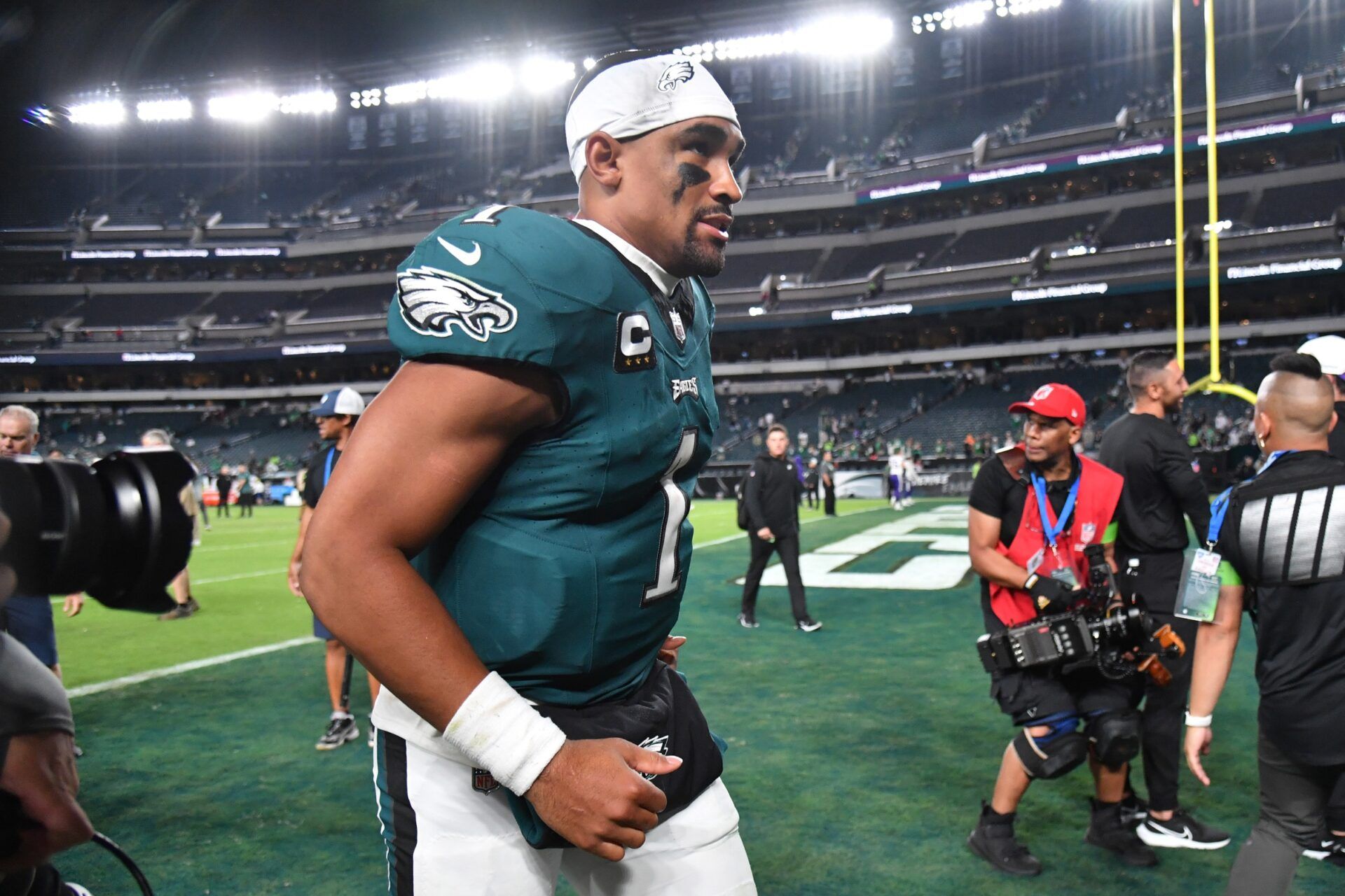 Jalen Hurts (1) walks off the field after win against the Minnesota Vikings at Lincoln Financial Field.