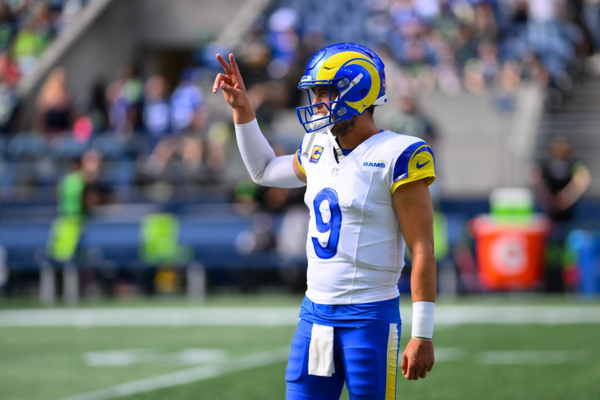 Matthew Stafford (9) prior to the game against the Seattle Seahawks at Lumen Field.