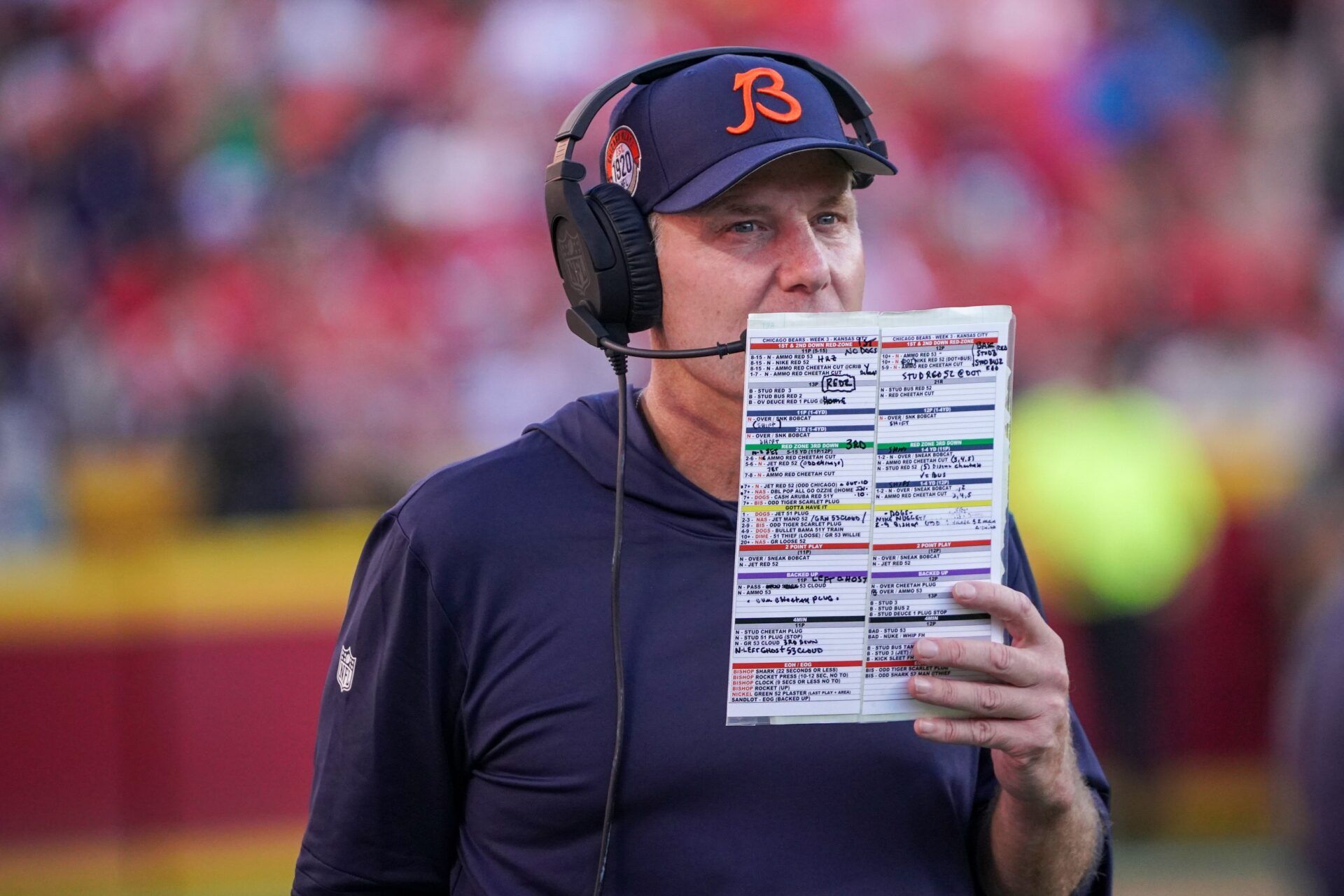 Matt Eberflus watches play against the Kansas City Chiefs during the second half at GEHA Field at Arrowhead Stadium.