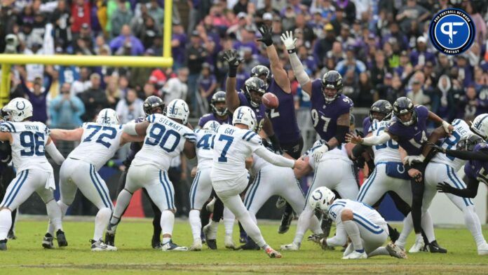 Indianapolis Colts place kicker Matt Gay (7) kicks a game winning field goal in overtime against the Baltimore Ravens at M&T Bank Stadium.