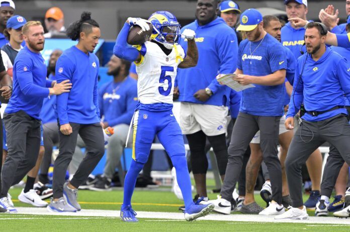 Los Angeles Rams receiver Tutu Atwell flexes in an early season game against the San Francisco 49ers.