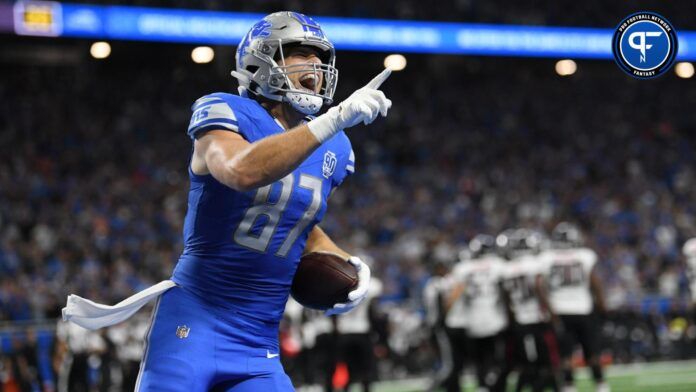 Detroit Lions TE Sam LaPorta (87) celebrates after scoring a touchdown.