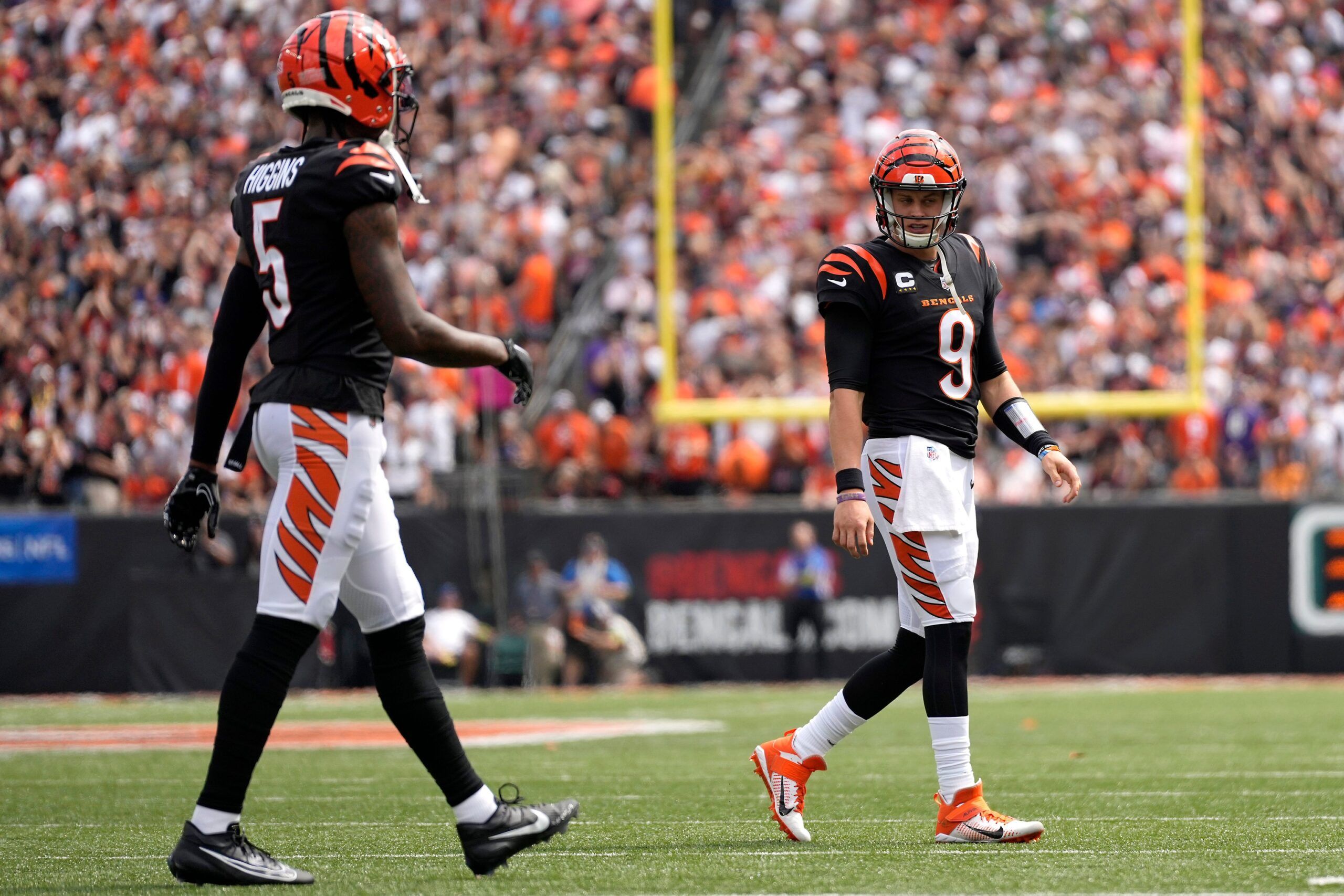 Joe Burrow (9) looks toward Cincinnati Bengals wide receiver Tee Higgins (5) while coming off the field.