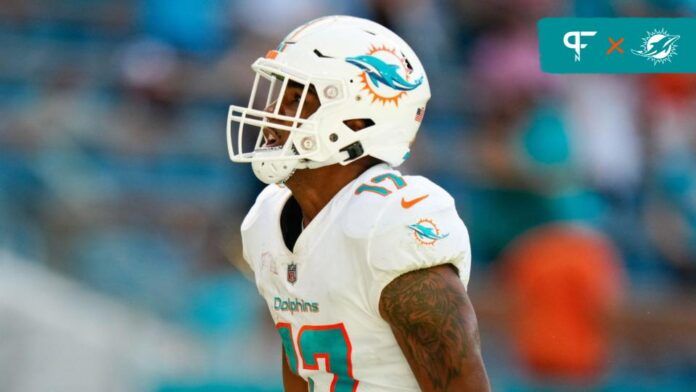 Jaylen Waddle (17) celebrates a catch against the Buffalo Bills during the second half at Hard Rock Stadium.