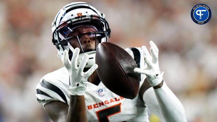 Cincinnati Bengals wide receiver Tee Higgins (5) catches a ball but the play was negated due to offensive pass interference on Higgins in the second quarter during a Week 3 NFL football game between the Los Angeles Rams and the Cincinnati Bengals, Monday, Sept. 25, 2023, at Paycor Stadium in Cincinnati.