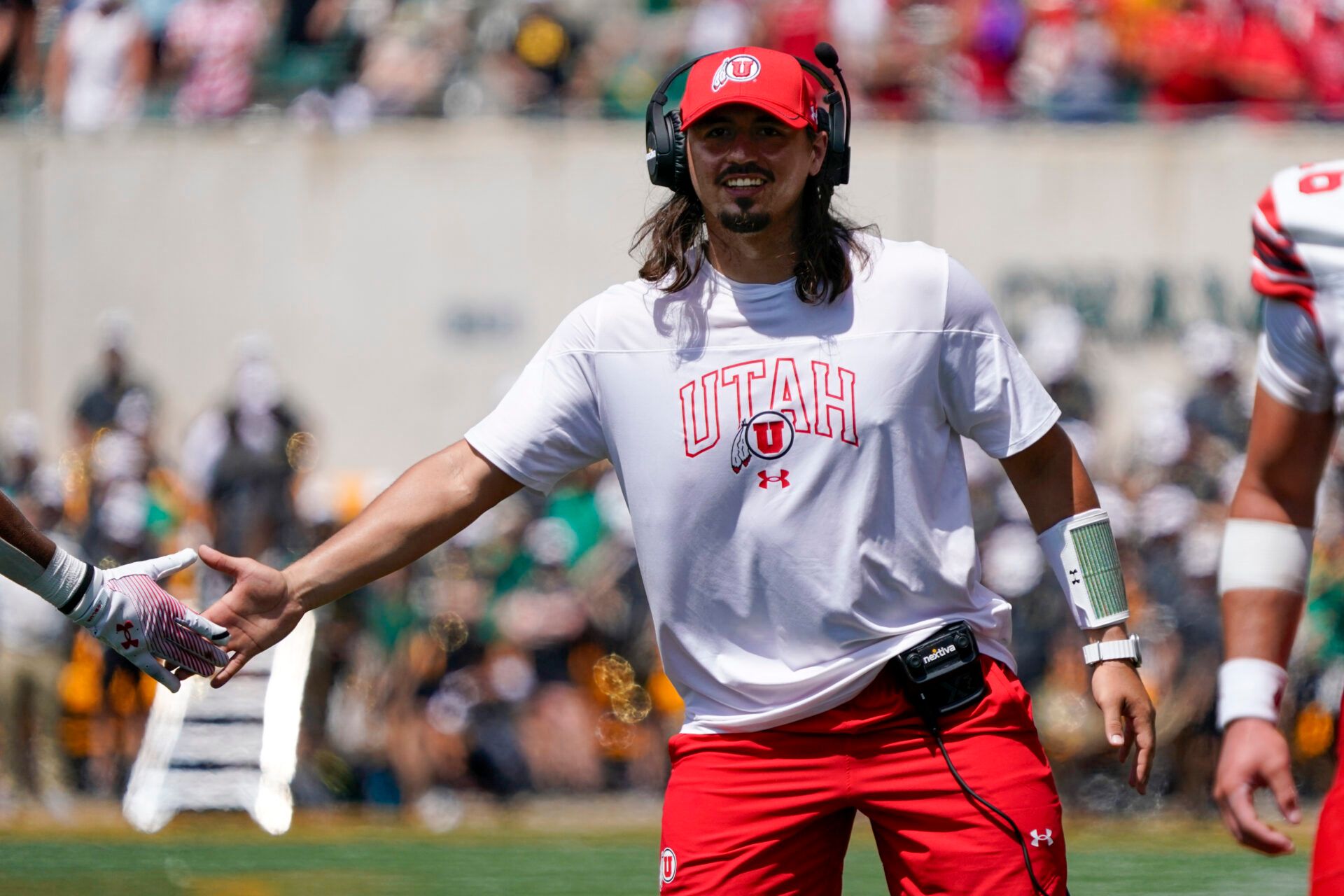 Utah Utes quarterback Cameron Rising (7) on the sidelines following a Utah Utes touchdown against the Baylor Bears during the second half at McLane Stadium.