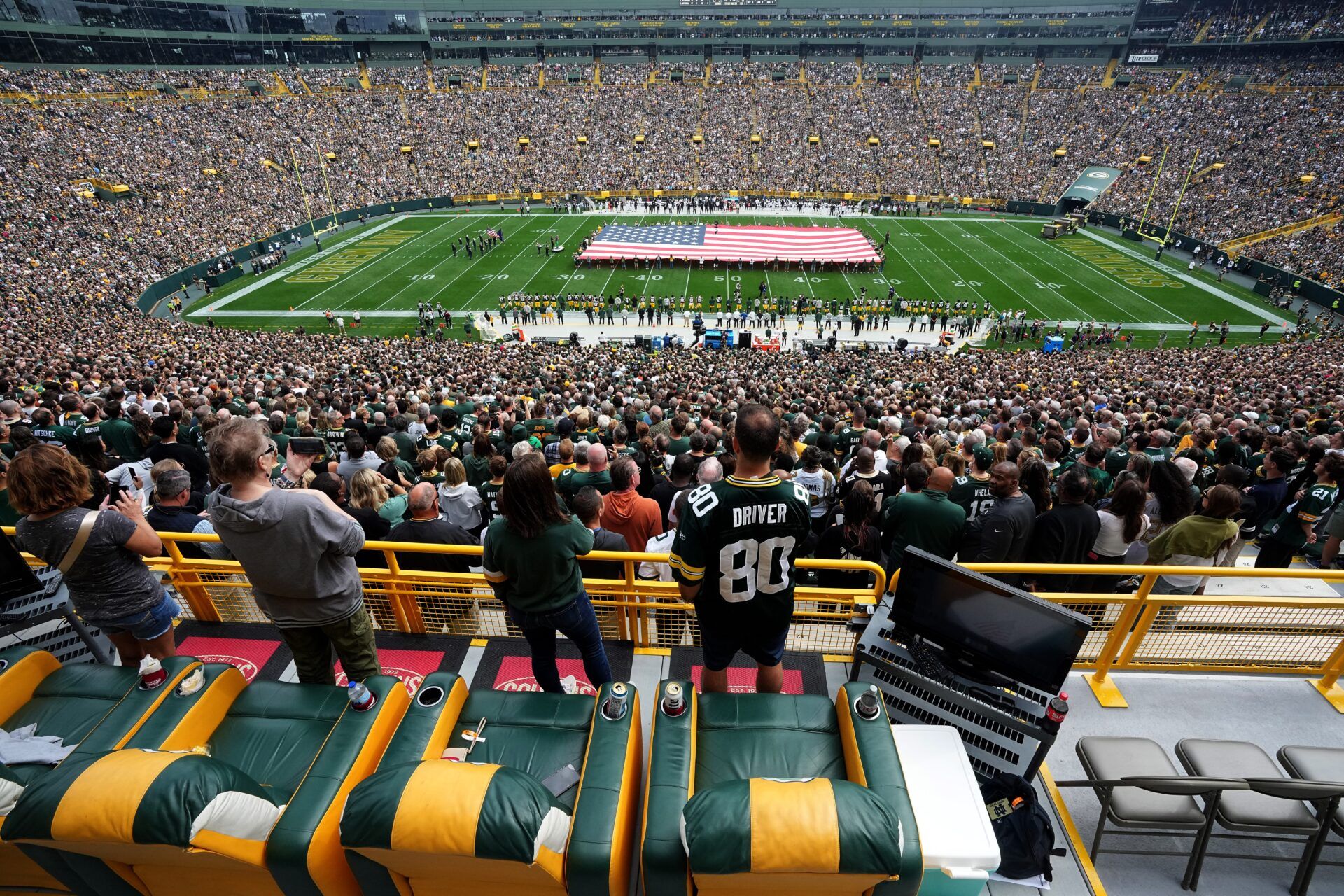 Green Bay Packers stand for the National Anthem during the first quarter of their game Sunday, September 24, 2023 at Lambeau Field in Green Bay, Wis.