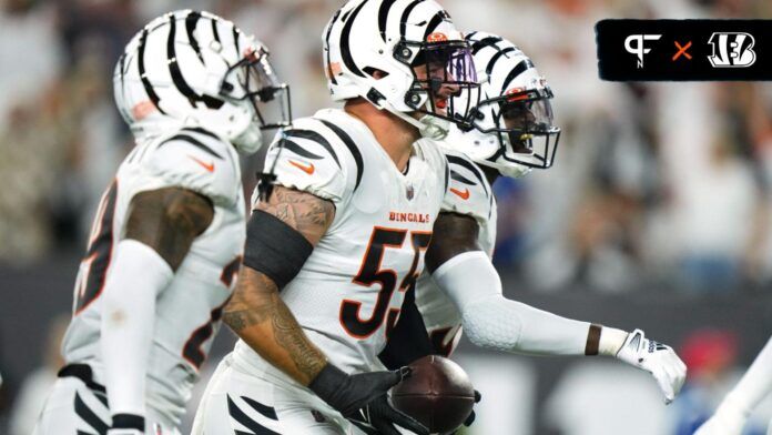 Cincinnati Bengals linebacker Logan Wilson (55), center, celebrates an interception in the second quarter during a Week 3 NFL football game between the Los Angeles Rams and the Cincinnati Bengals, Monday, Sept. 25, 2023, at Paycor Stadium in Cincinnati.