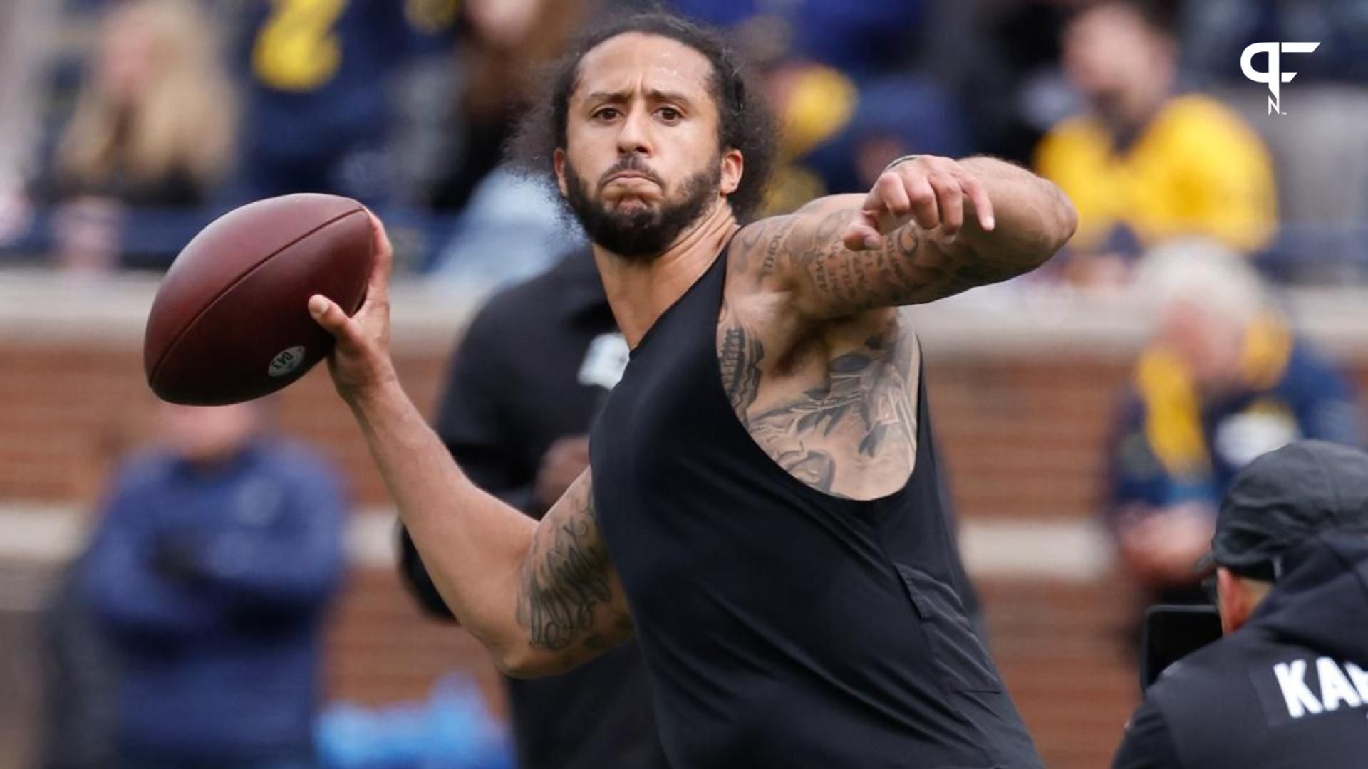 Colin Kaepernick passes during halftime at the Michigan Spring game at Michigan Stadium.