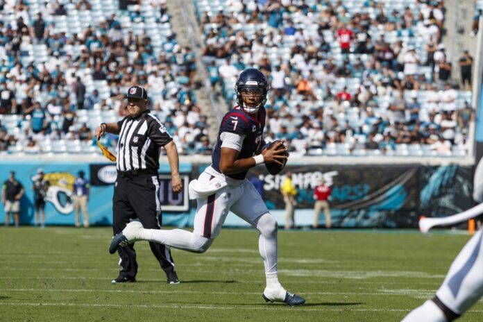 Houston Texans quarterback C.J. Stroud rolls out vs. the Jacksonville Jaguars.