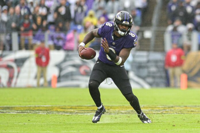 Baltimore Ravens quarterback Lamar Jackson running against the Indianapolis Colts.