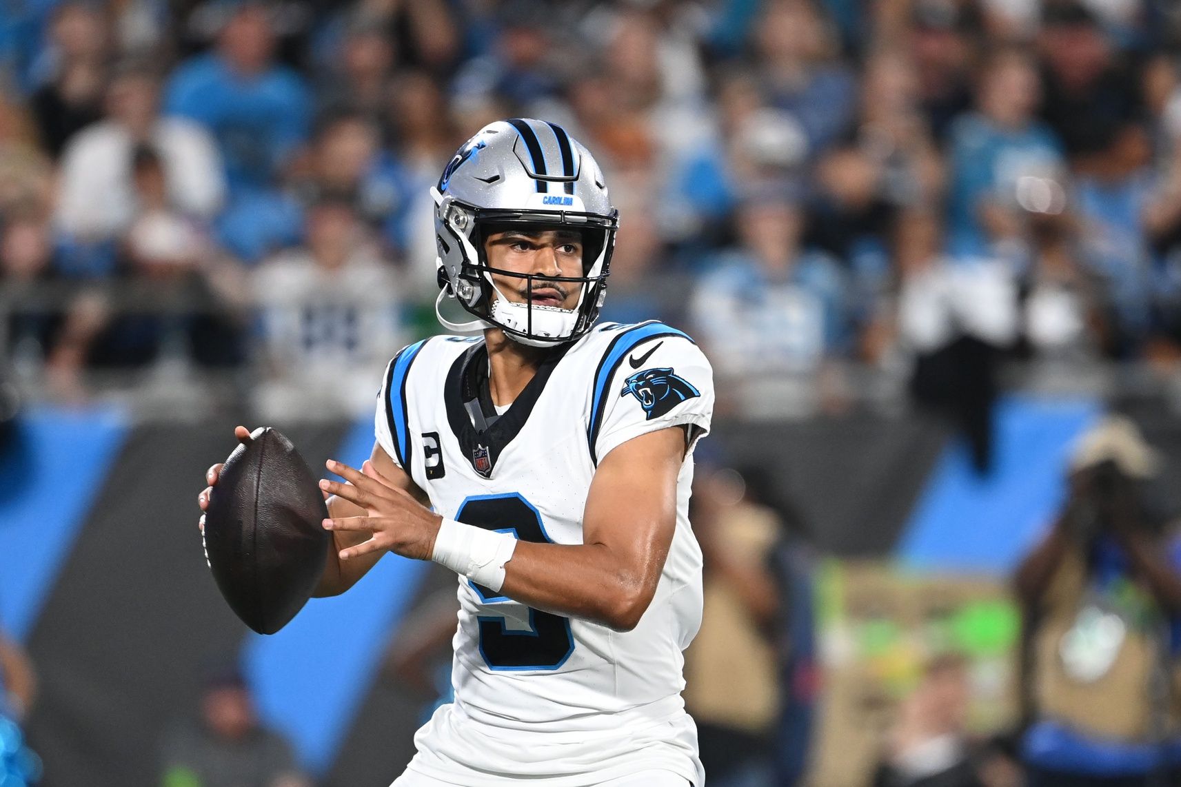 Carolina Panthers QB Bryce Young (9) passes the ball.