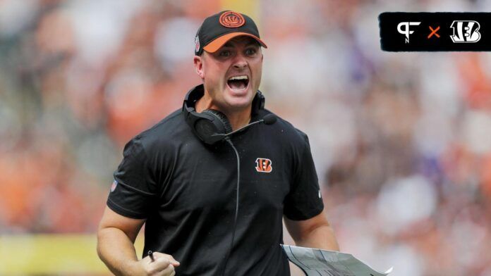 Zac Taylor reacts after a penalty is called in the first half against the Baltimore Ravens at Paycor Stadium.