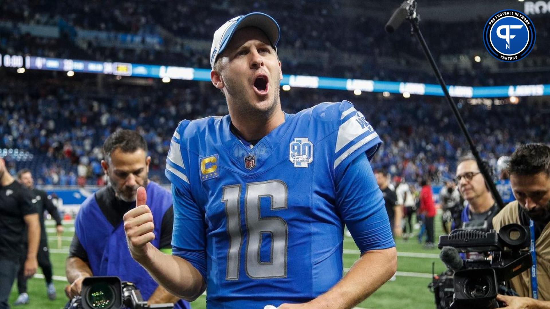 Jared Goff (16) celebrates 20-6 win over Atlanta Falcons at Ford Field in Detroit.