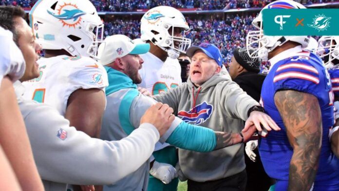 Miami Dolphins and Buffalo Bills players and coaches mince words during a game.