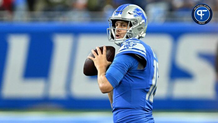 Jared Goff (16) warms up before their game against the Atlanta Falcons at Ford Field.