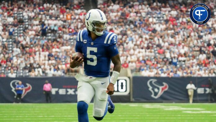 Indianapolis Colts quarterback Anthony Richardson (5) rushes in for a touchdown Sunday, Sept. 17, 2023, during a game against the Houston Texans at NRG Stadium in Houston