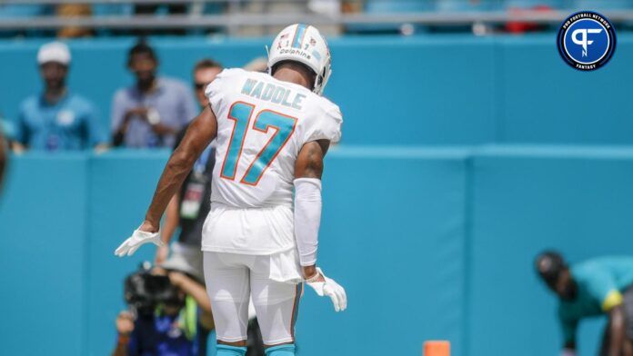 Jaylen Waddle (17) celebrates after scoring a touchdown during the second quarter against the New England Patriots at Hard Rock Stadium.