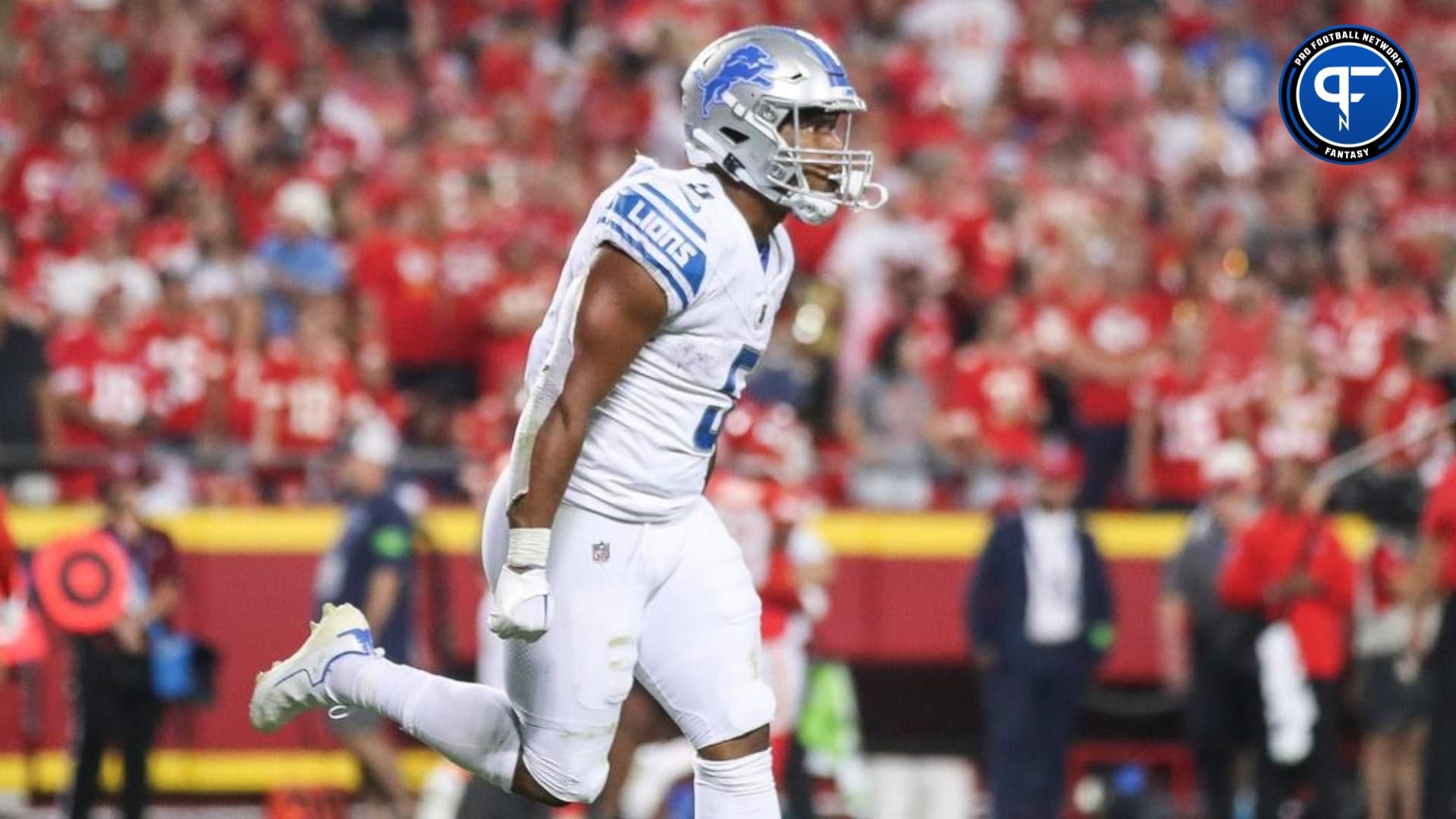 David Montgomery celebrates a touchdown against the Chiefs during the second half of the Lions' 21-20 win.