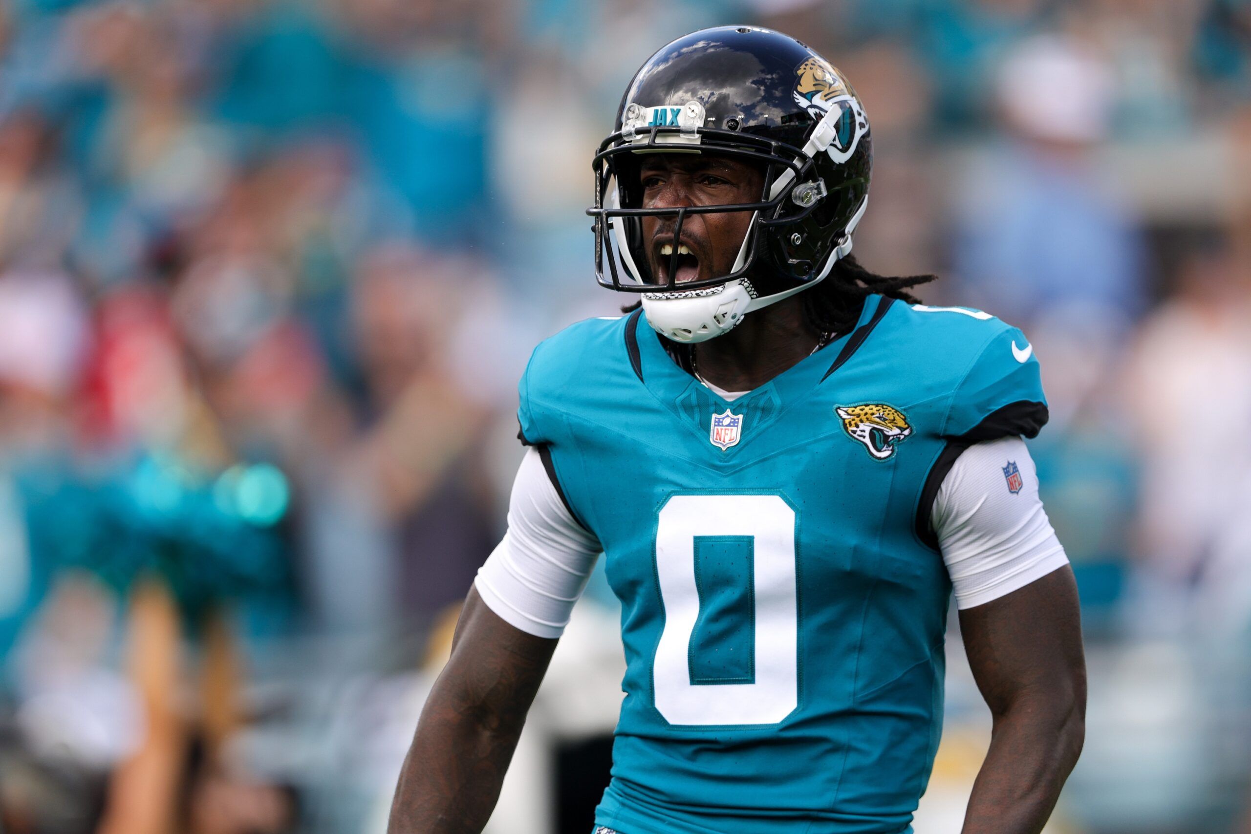 Calvin Ridley (0) is introduced before a game against the Kansas City Chiefs at EverBank Stadium.