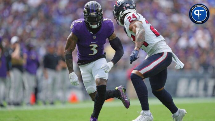 Baltimore Ravens wide receiver Odell Beckham Jr. (3) goes out for a pass defended by Houston Texans cornerback Derek Stingley Jr. (24) at M&T Bank Stadium.