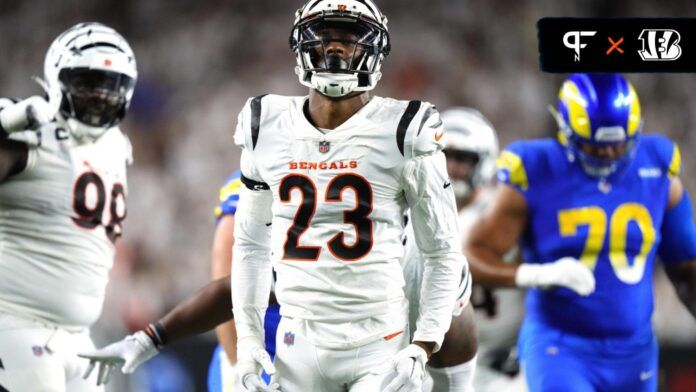 Cincinnati Bengals DB Dax Hill (23) celebrates after a sack against the Los Angeles Rams.