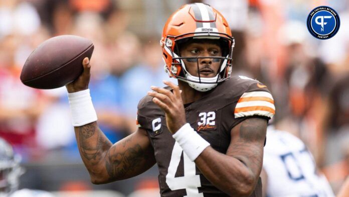 Cleveland Browns quarterback Deshaun Watson (4) throws the ball against the Tennessee Titans during the first quarter at Cleveland Browns Stadium.