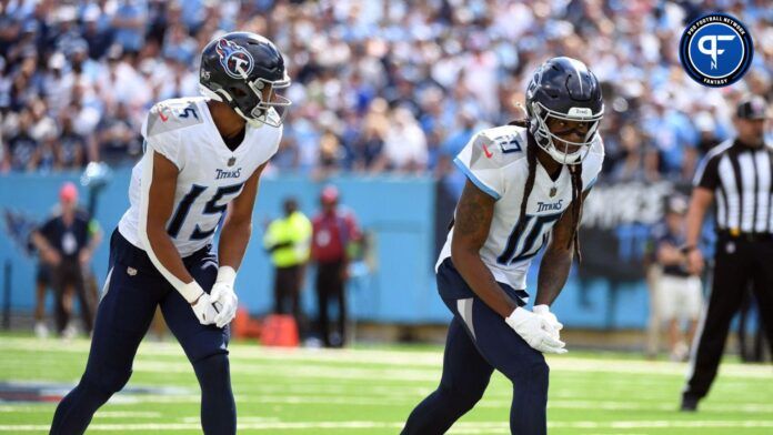 Tennessee Titan WR's DeAndre Hopkins andNick Westbrook-Ikhine line up before snap in game vs. the Los Angeles Chargers.