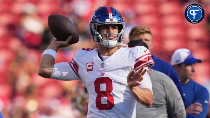 Daniel Jones (8) warms up before the game against the San Francisco 49ers at Levi's Stadium.