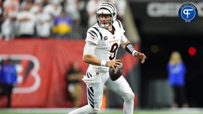 Cincinnati Bengals quarterback Joe Burrow (9) rolls out of the pocket to throw in the third quarter during a Week 3 NFL football game between the Los Angeles Rams and the Cincinnati Bengals, Monday, Sept. 25, 2023, at Paycor Stadium in Cincinnati. The Cincinnati Bengals won, 19-16.