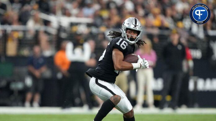 Sep 24, 2023; Paradise, Nevada, USA; Las Vegas Raiders wide receiver Jakobi Meyers (16) catches the ball against the Pittsburgh Steelers at Allegiant Stadium.