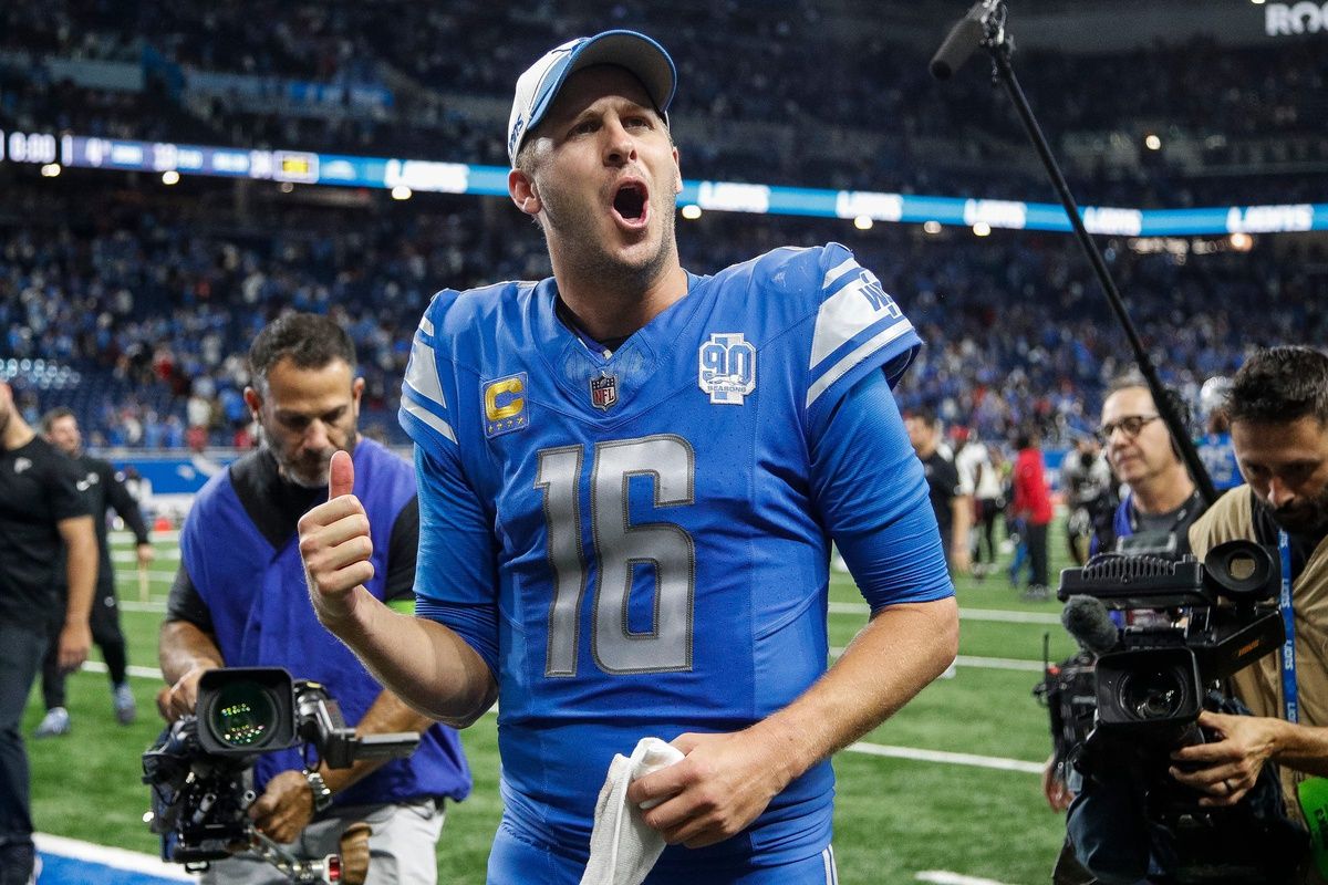 Jared Goff celebrates a Detroit Lions victory.