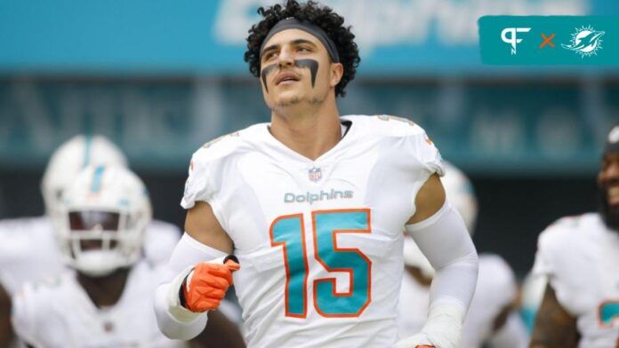 Miami Dolphins linebacker Jaelan Phillips (15) takes the field prior to a game against the Houston Texans at Hard Rock Stadium.