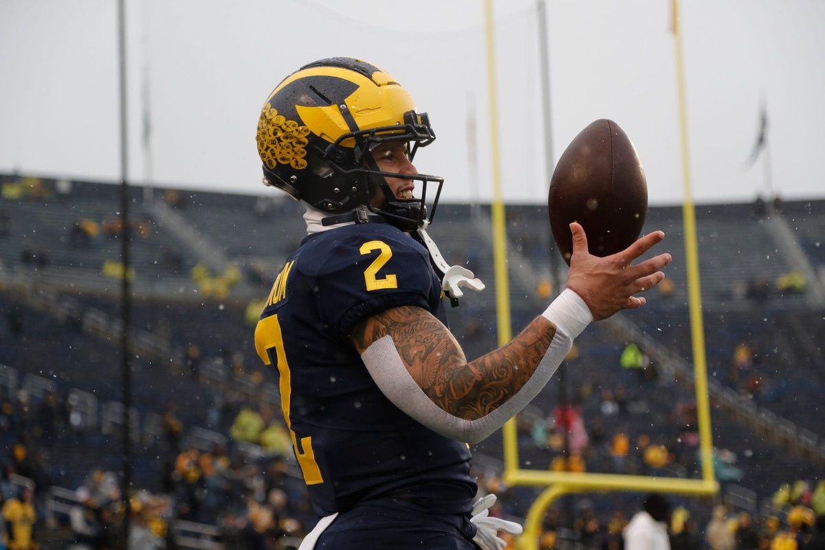 Blake Corum warms up before the Nebraska game in Ann Arbor.