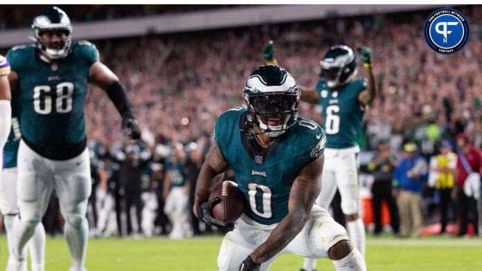 Sep 14, 2023; Philadelphia, Pennsylvania, USA; Philadelphia Eagles running back D'Andre Swift (0) celebrates his touchdown against the Minnesota Vikings during the fourth quarter at Lincoln Financial Field.