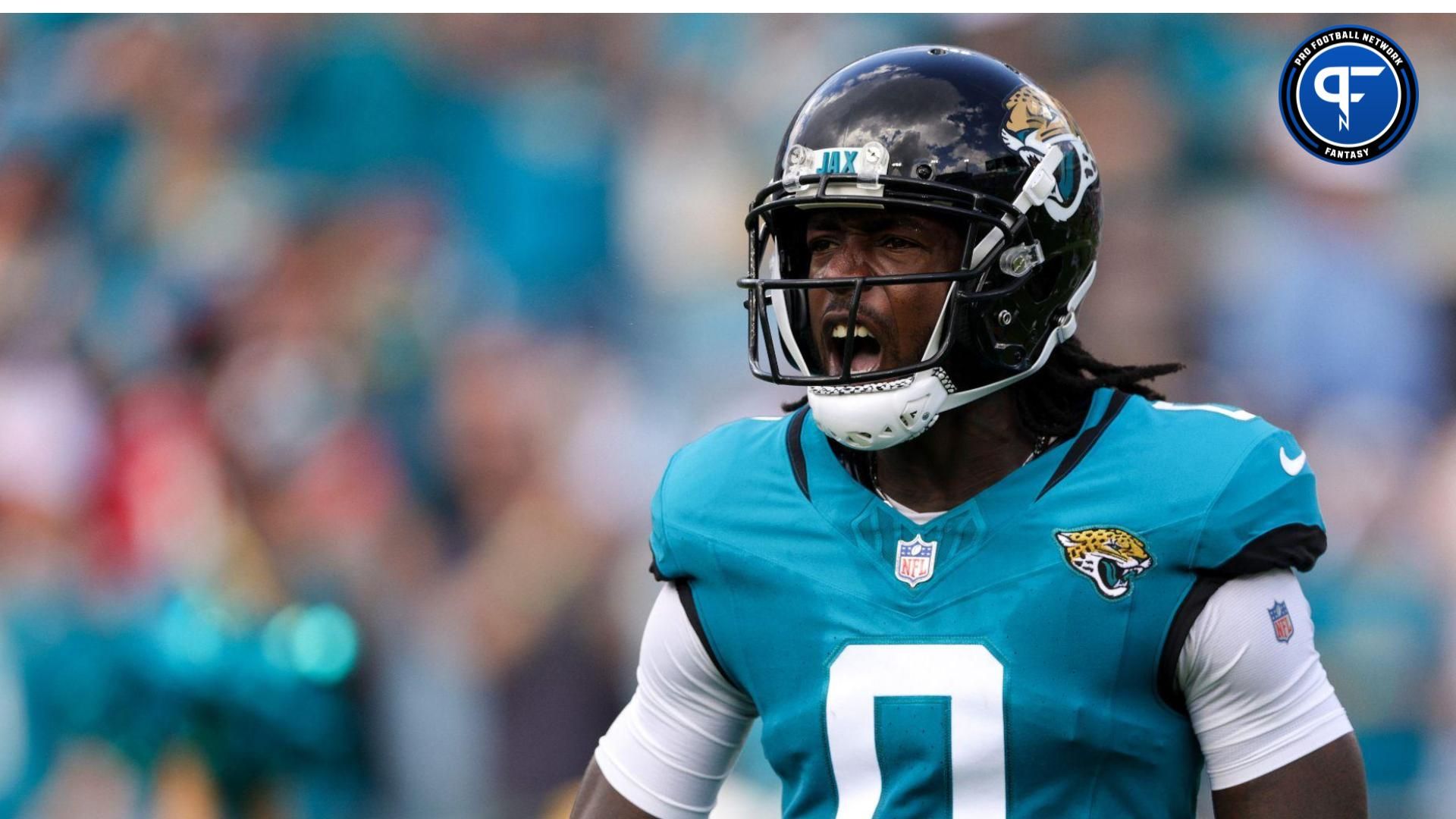 Sep 17, 2023; Jacksonville, Florida, USA; Jacksonville Jaguars wide receiver Calvin Ridley (0) is introduced before a game against the Kansas City Chiefs at EverBank Stadium.