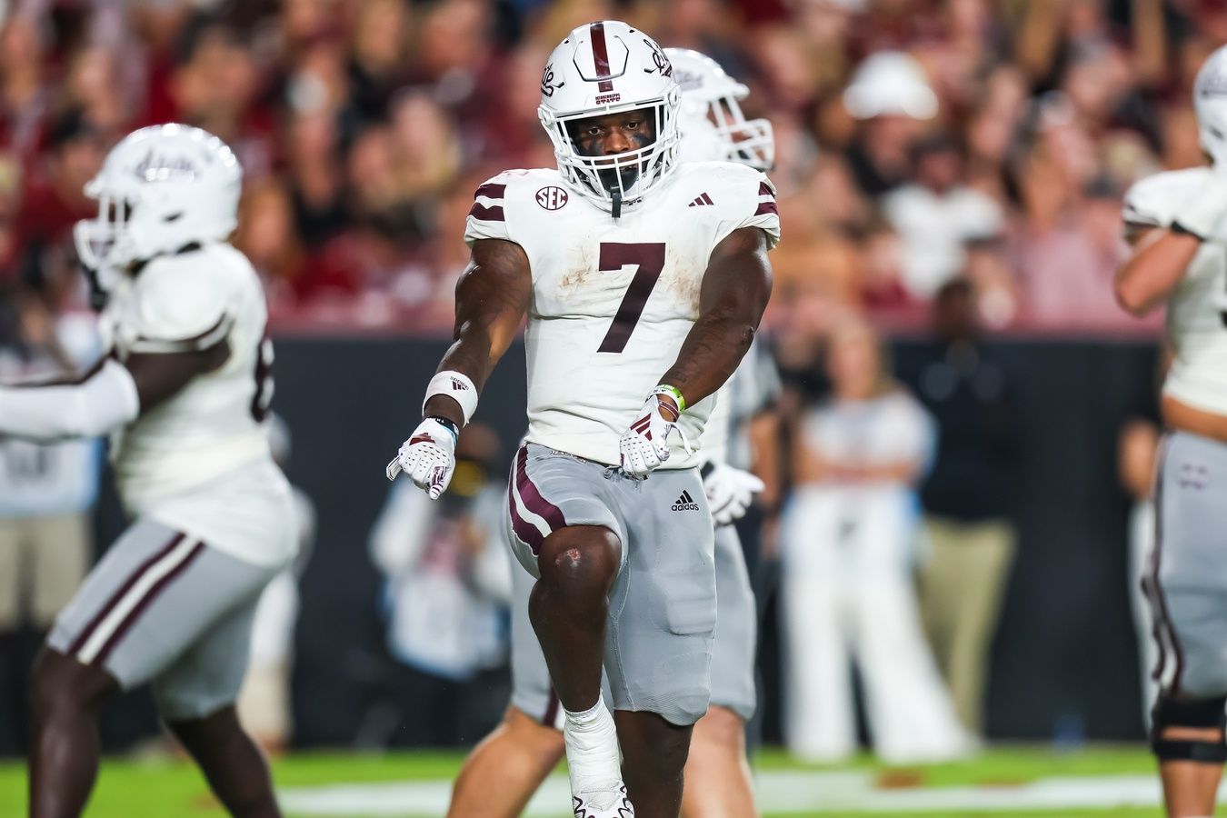 Mississippi State Bulldogs running back Jo'Quavious Marks (7) celebrates a touchdown against the South Carolina Gamecocks in the second quarter at Williams-Brice Stadium.