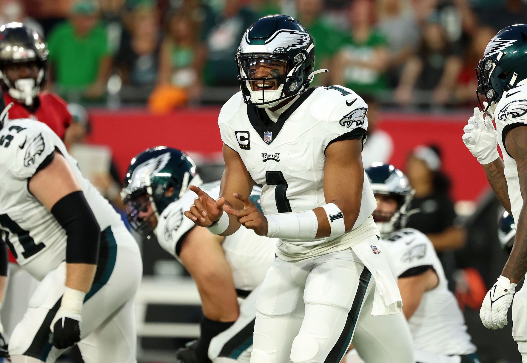 Jalen Hurts (1) calls a play against the Tampa Bay Buccaneers during the first quarter at Raymond James Stadium.